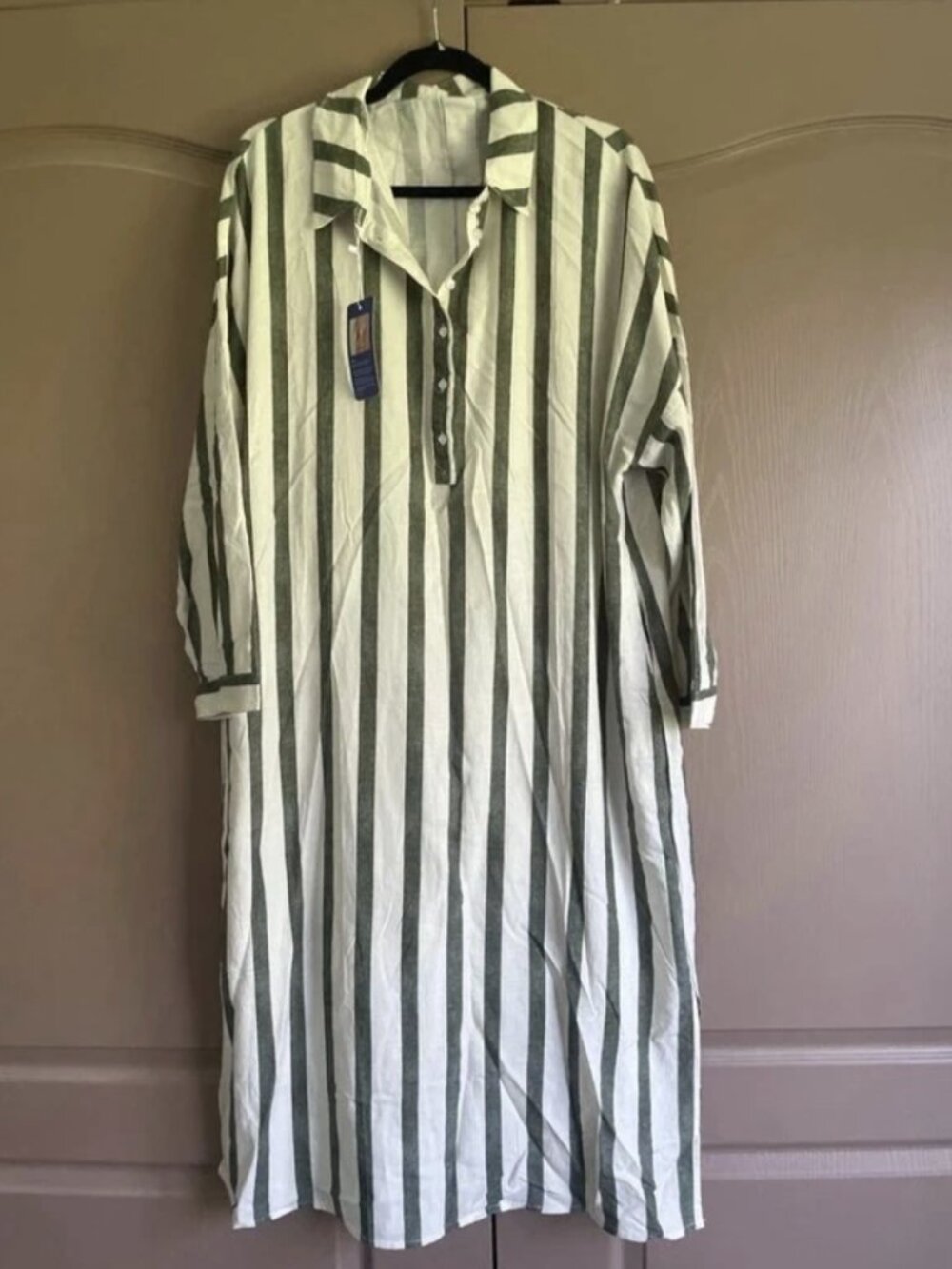 Dress with side slits sage white woman size XL linen cotton rayon